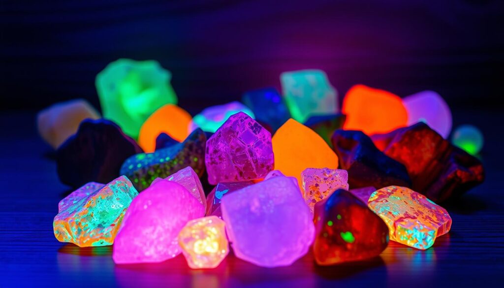 glowing stones under UV light